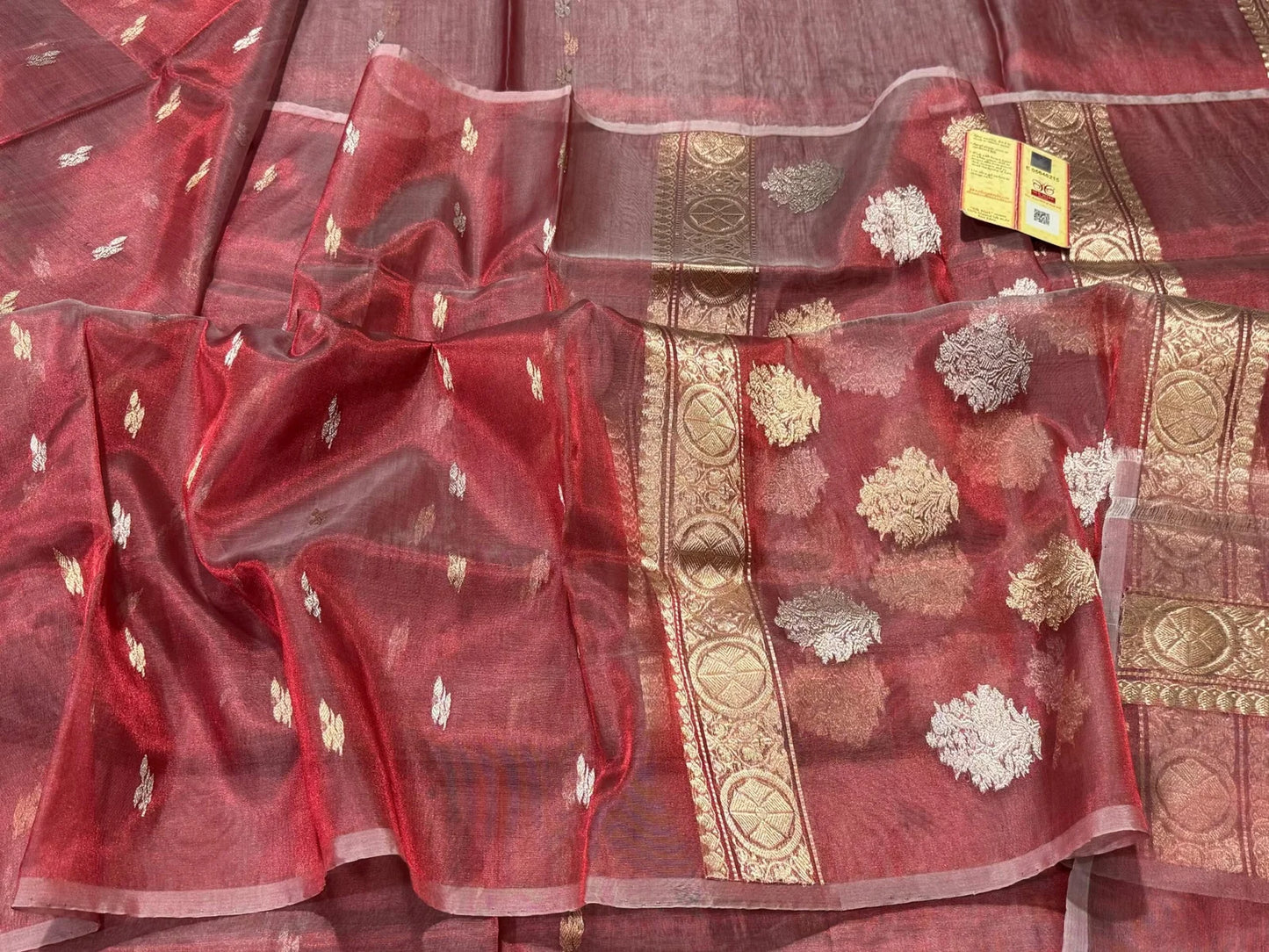 Banarasi Handloom Silk Tissue Saree in Maroon – Timeless Elegance with Gold & Silver Zari Work