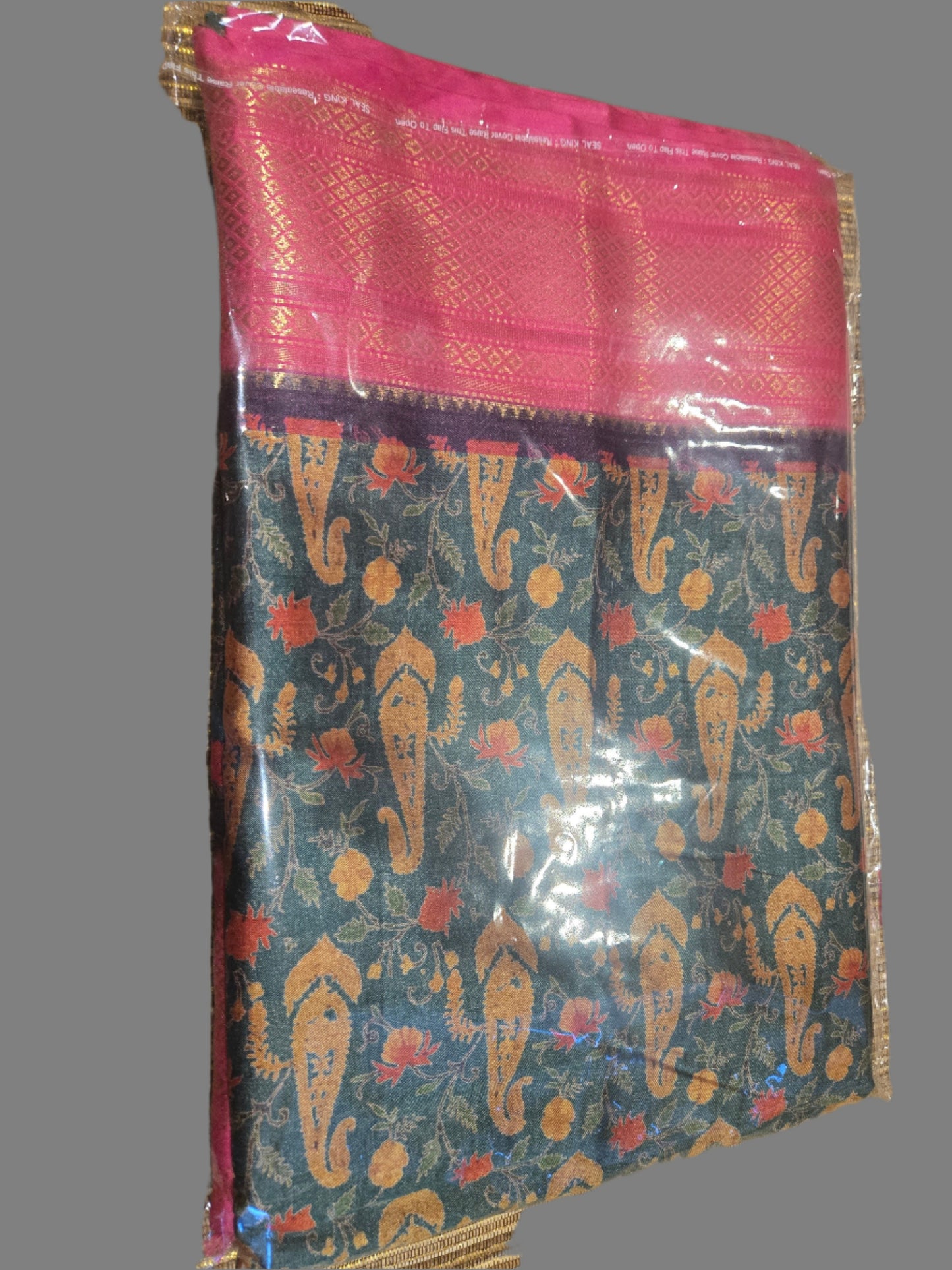 Green and Pink Semi Kanchipuram Silk Saree with Allover Digital Prints & Zari Border | Elegant Soft Silk Saree for Weddings & Special Occasions