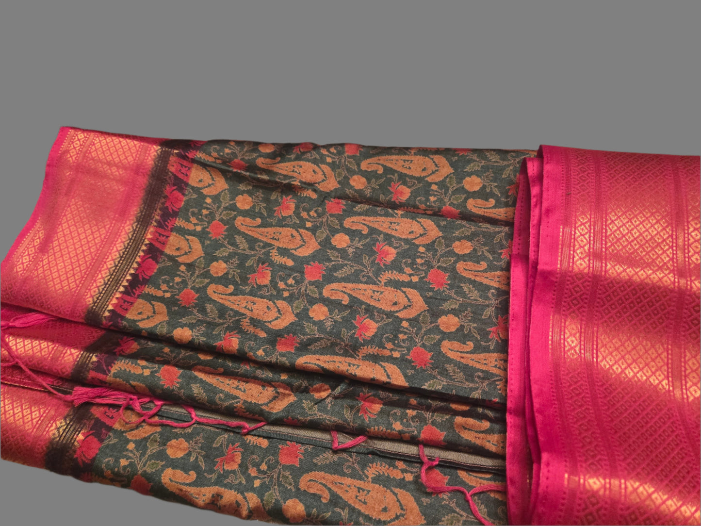 Green and Pink Semi Kanchipuram Silk Saree with Allover Digital Prints & Zari Border | Elegant Soft Silk Saree for Weddings & Special Occasions