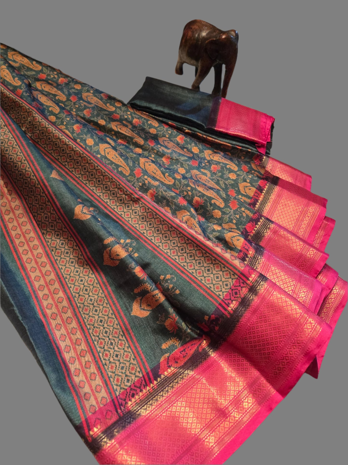 Green and Pink Semi Kanchipuram Silk Saree with Allover Digital Prints & Zari Border | Elegant Soft Silk Saree for Weddings & Special Occasions