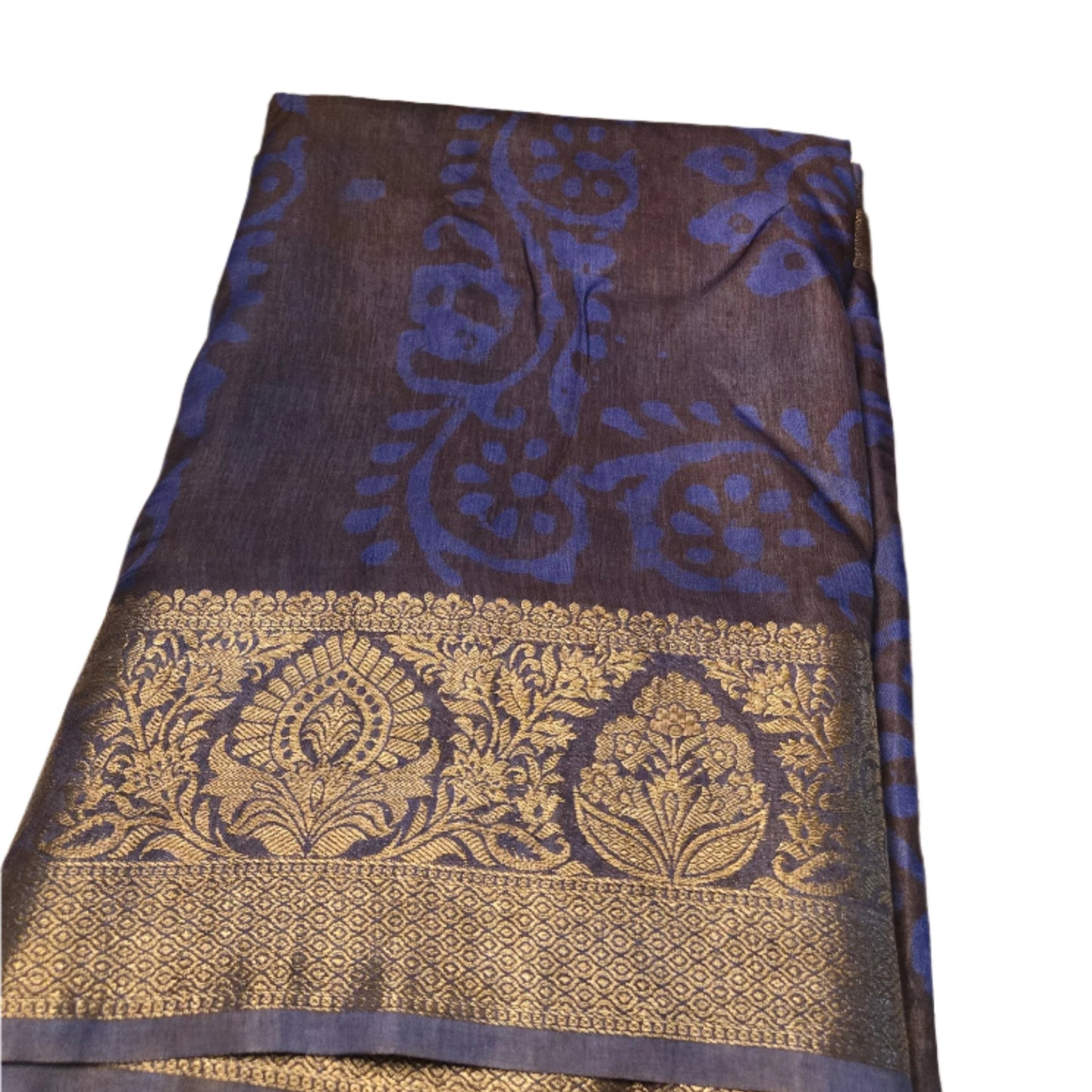 Greyish Green and Blue Semi Kanjivaram Silk Saree with Allover Batik Prints & Kanjivaram Style Border | Elegant Soft Silk Saree for Special Occasions