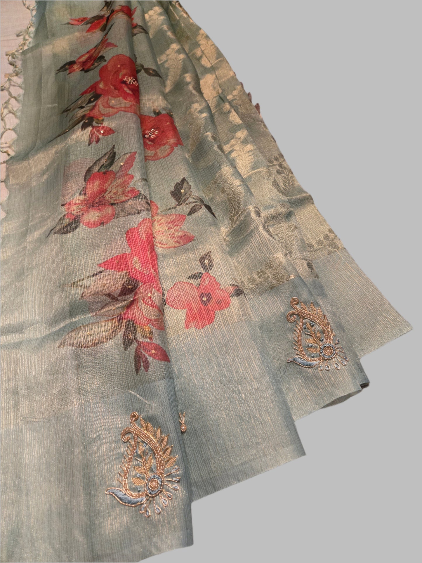 Teal Blue Tissue Kota Saree with Floral Digital Prints & Zardosi Work | Elegant Borderless Soft Silk Saree – Fast Shipping from USA