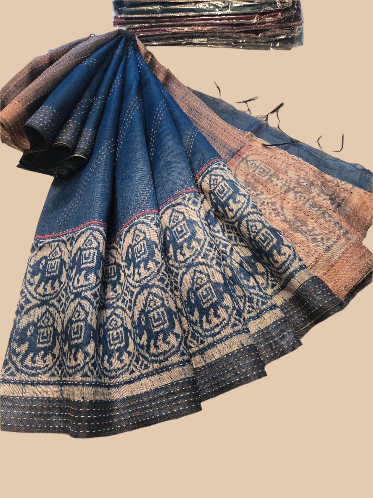 Art Silk Cotton Saree Elephant Print Ikkat Saree Fancy Saree Thread work Saree Blue USA