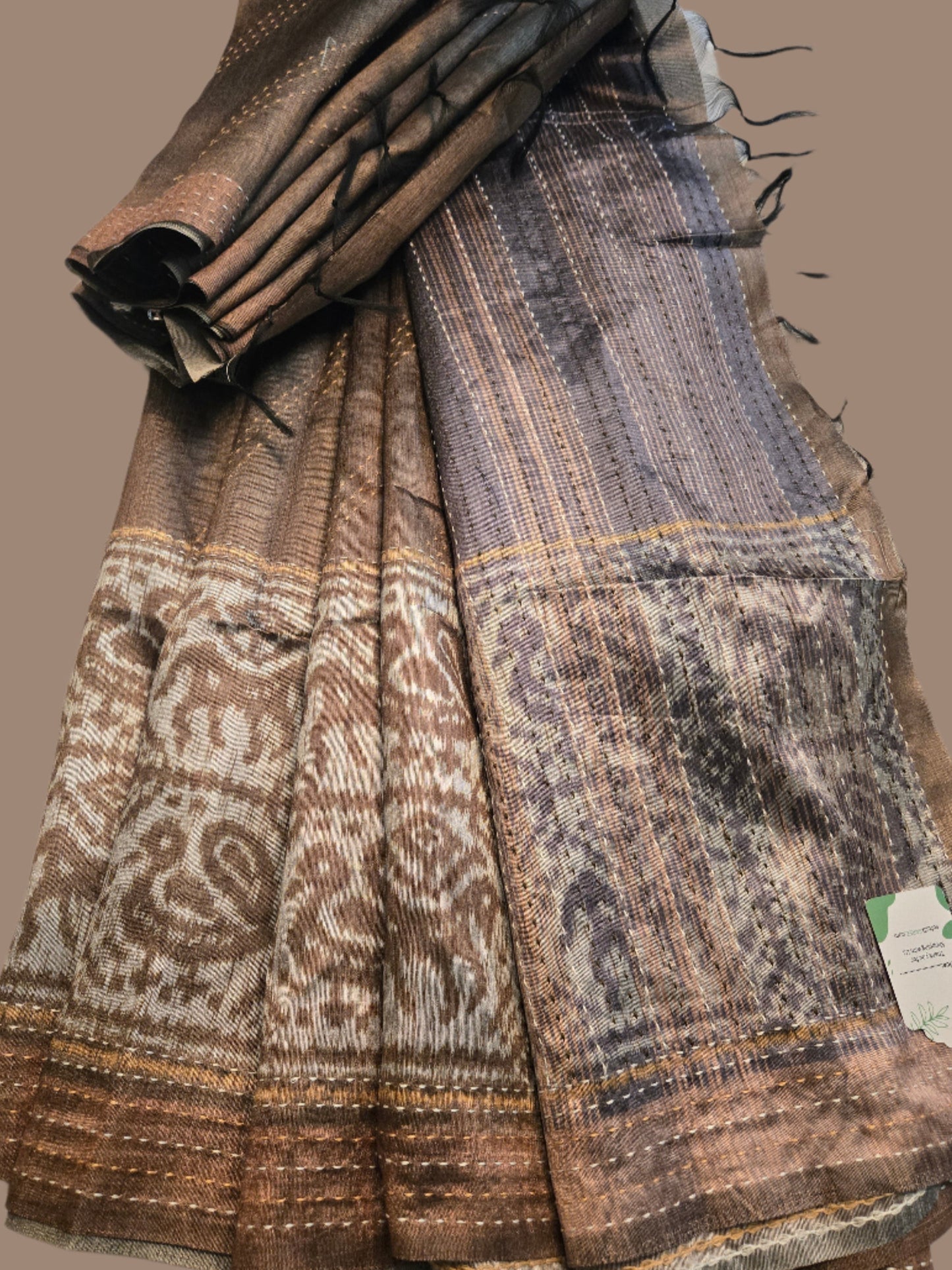 Art Silk Cotton Saree Cationic Sufi Cotton Saree Fancy Saree Ikat Print Thread work Saree Mud Green Color