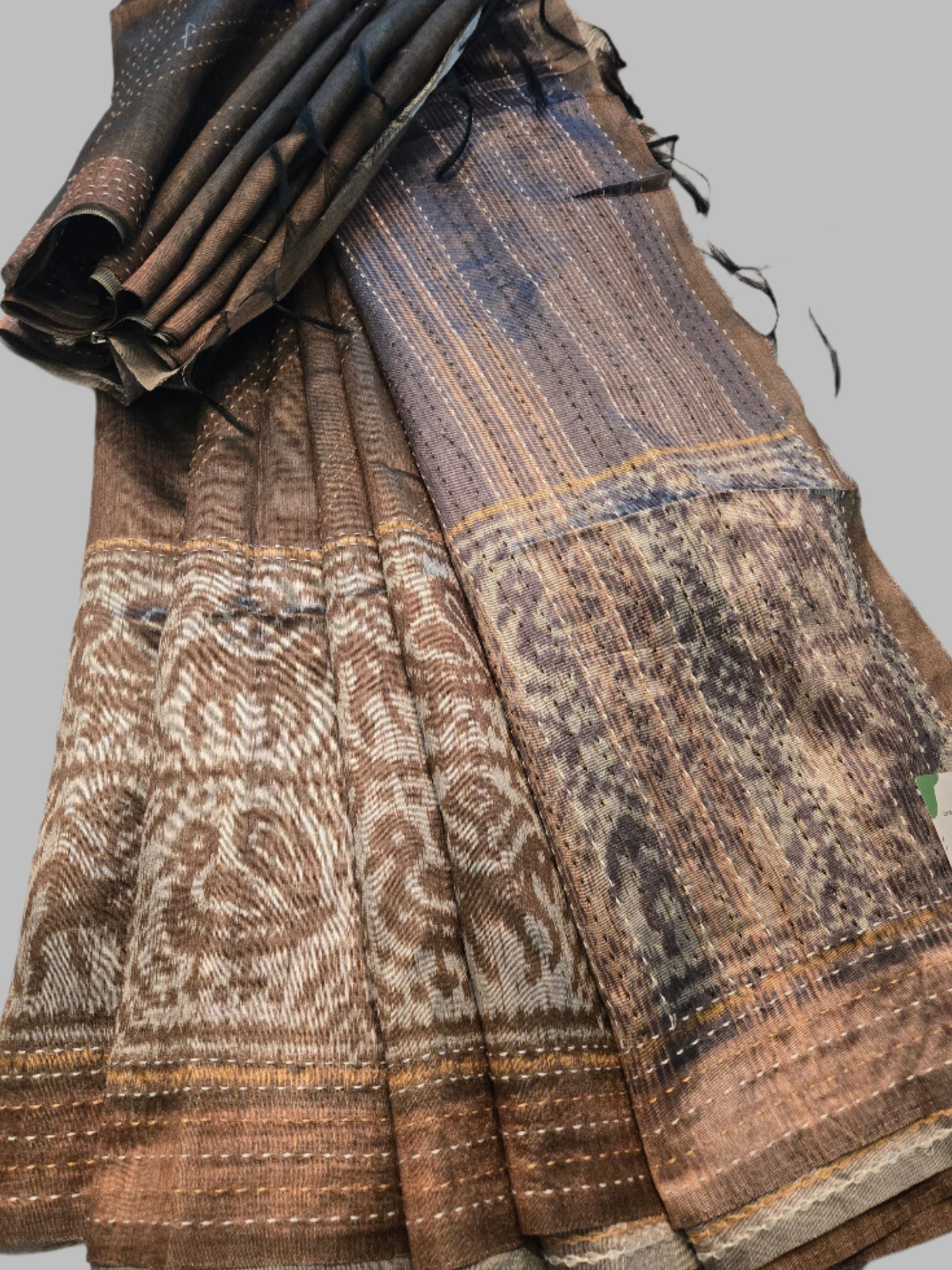 Art Silk Cotton Saree Cationic Sufi Cotton Saree Fancy Saree Ikat Print Thread work Saree Mud Green Color
