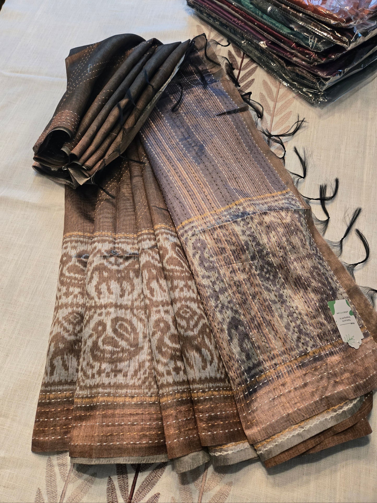 Art Silk Cotton Saree Cotton Saree Fancy Saree Ikkat Print Thread work Saree Mud Green Color