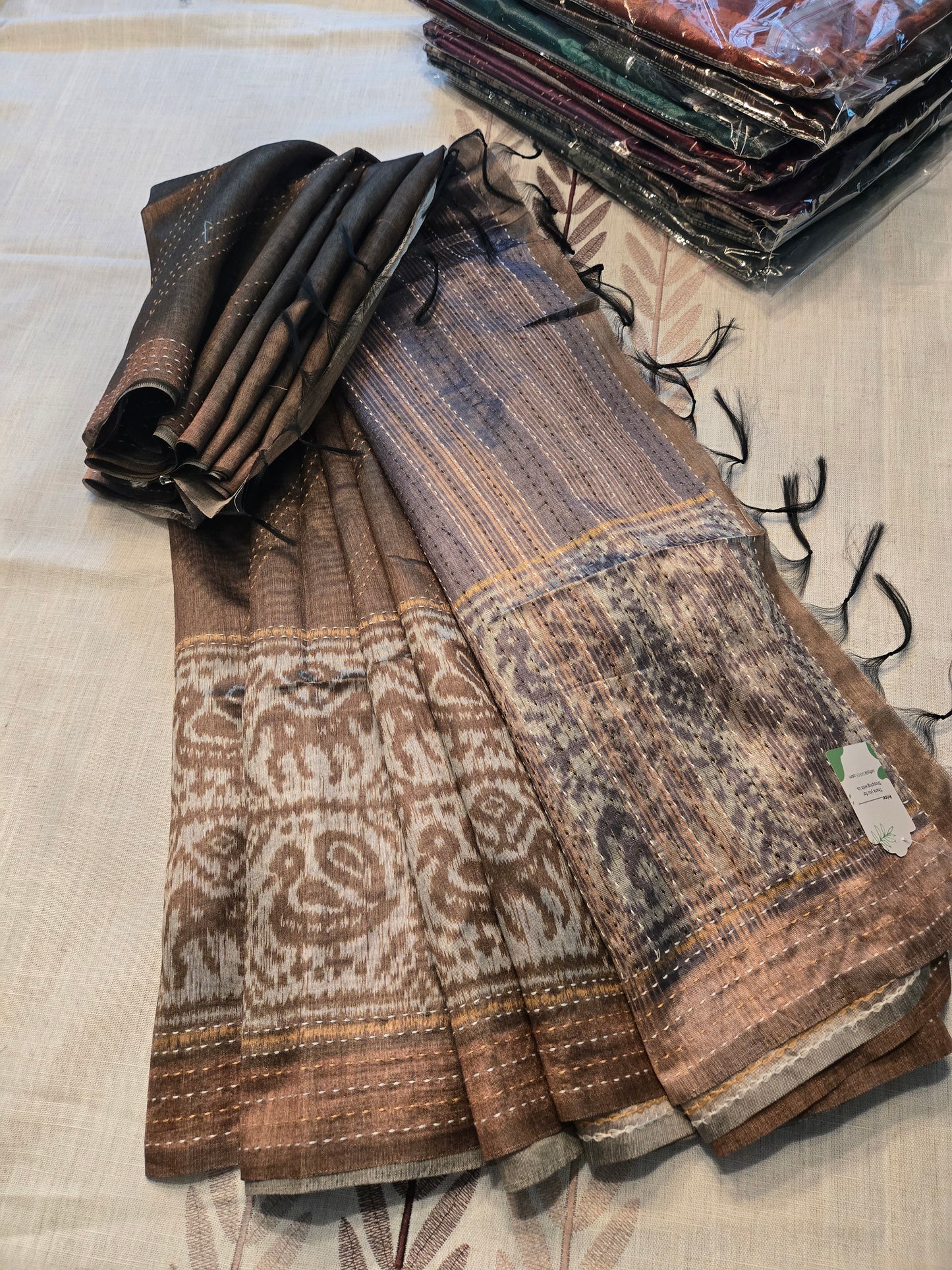Art Silk Cotton Saree Cotton Saree Fancy Saree Ikkat Print Thread work Saree Mud Green Color