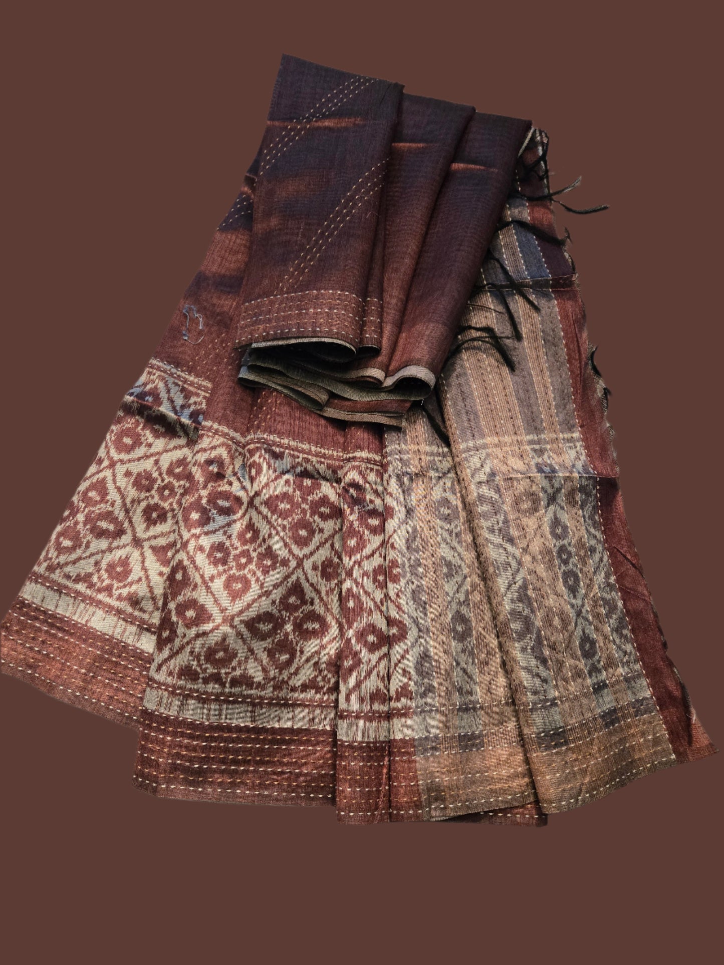 Art Silk Cotton Saree Cotton Saree Fancy Saree Ikkat Print Thread work Saree Coffee Brown