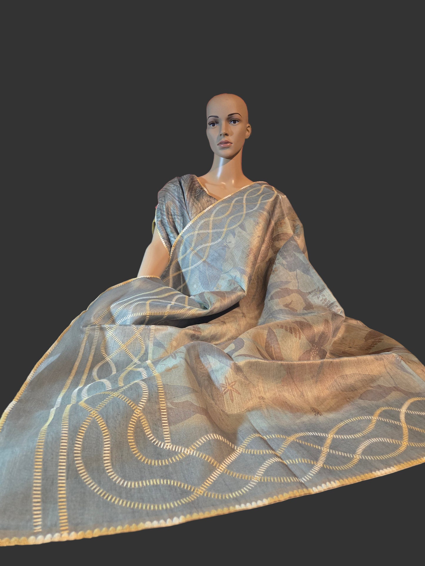 USA Shipping Buy Semi-Silk Saree with Digital Print & Beautiful Crochet Border- Green Grey color