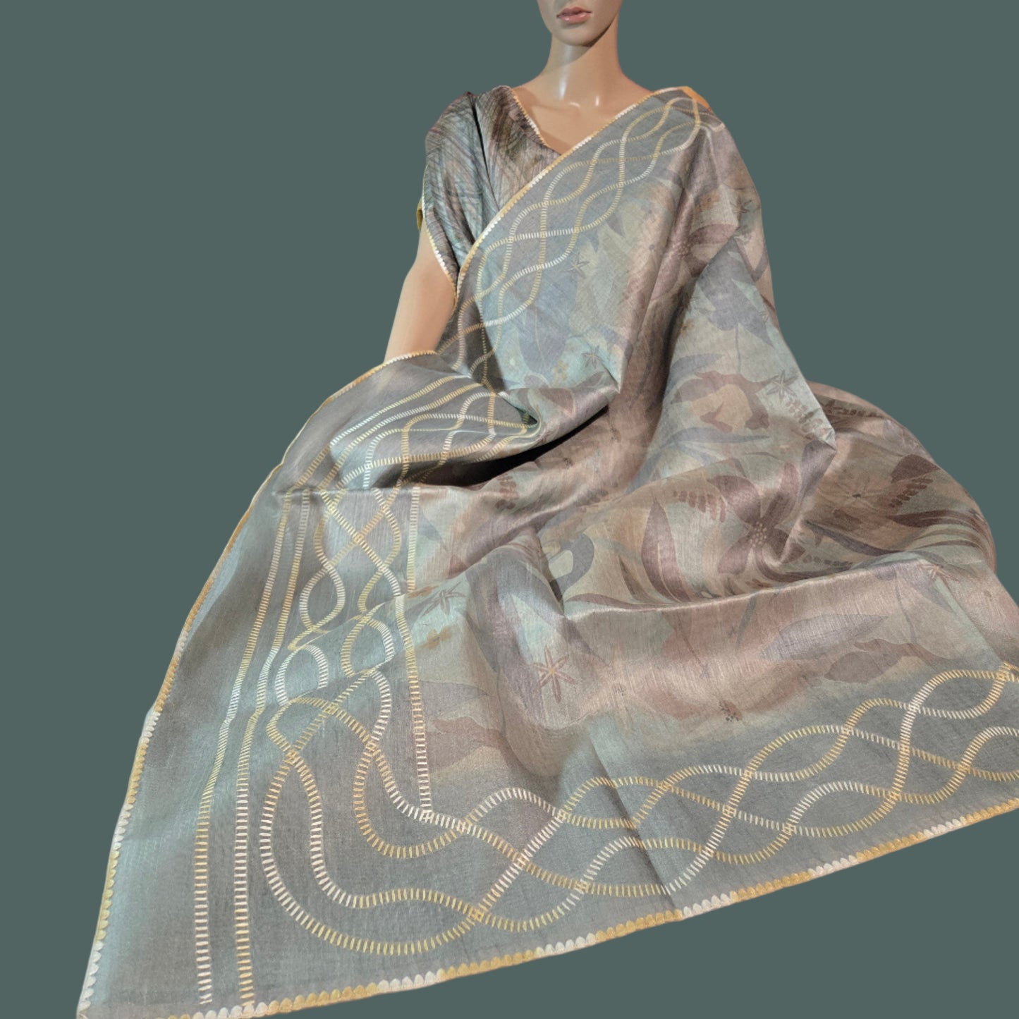 USA Shipping Buy Semi-Silk Saree with Digital Print & Beautiful Crochet Border- Green Grey color