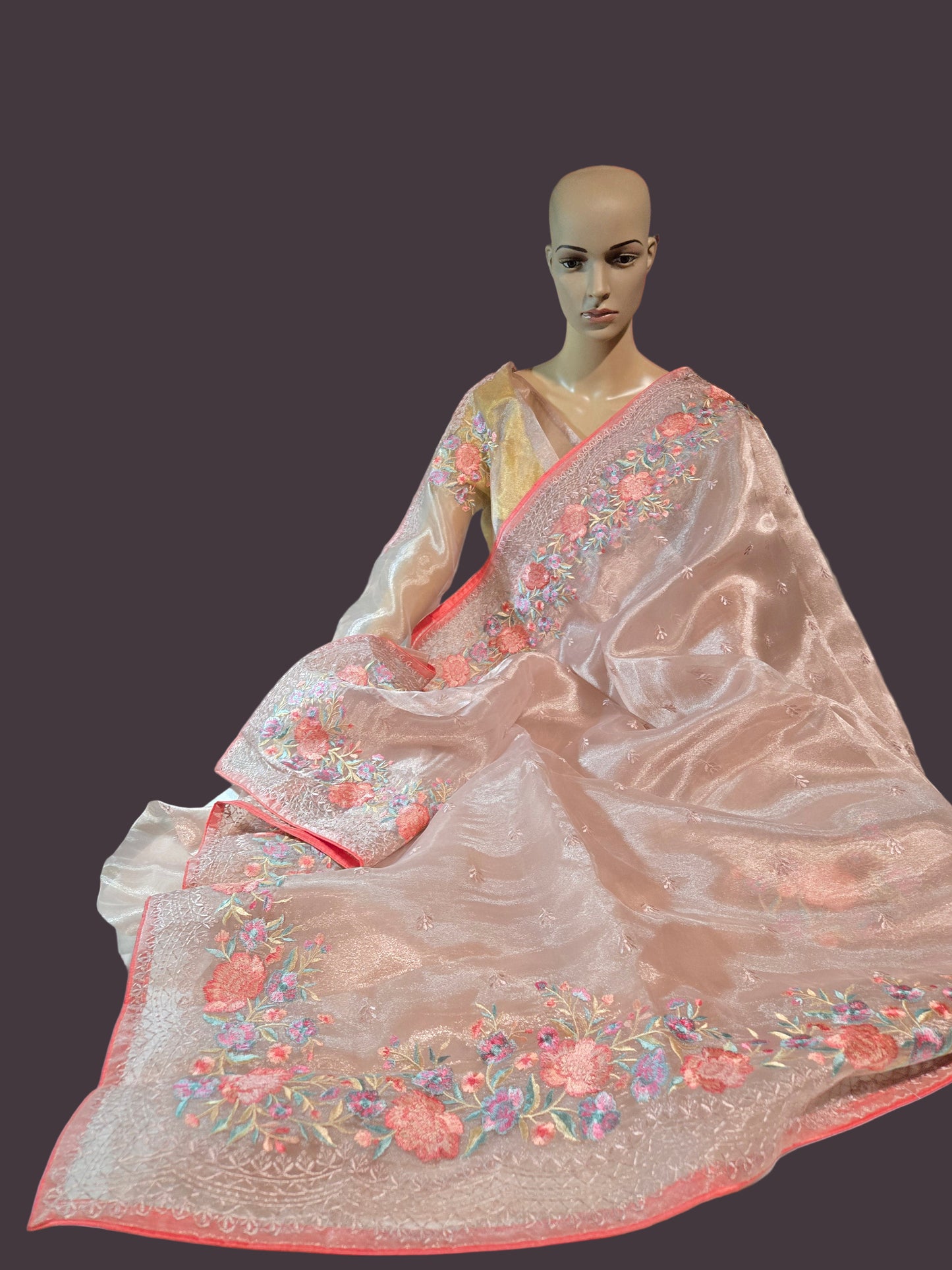 Exclusive Embroidered Pure Glass Organza Saree buy from USA with Threadwork Border & Matching Blouse – Lightweight & Elegant