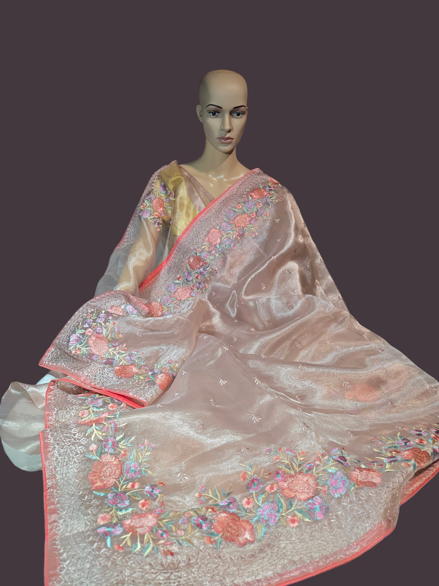 Exclusive Embroidered Pure Glass Organza Saree buy from USA with Threadwork Border & Matching Blouse – Lightweight & Elegant