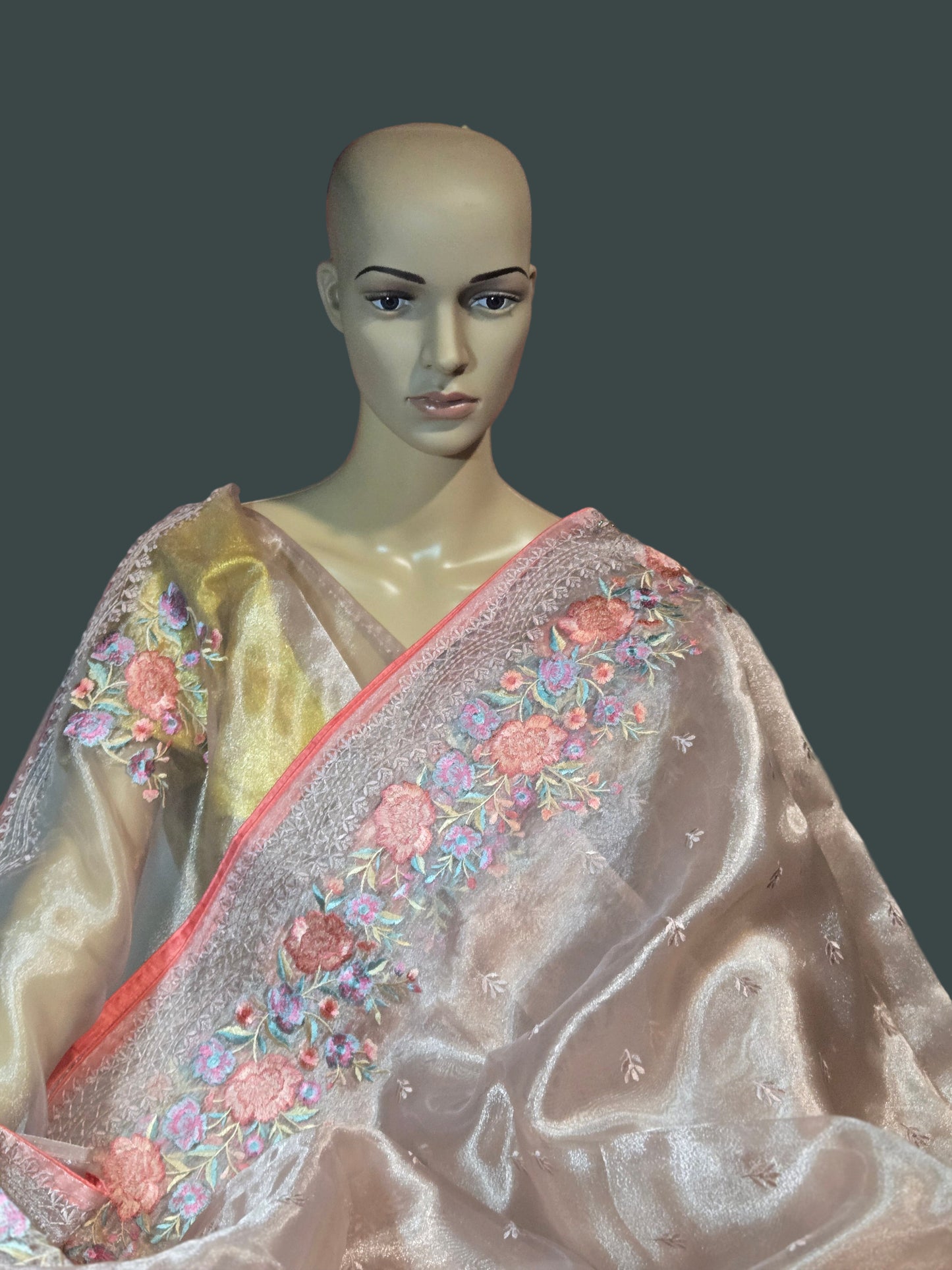 Exclusive Embroidered Pure Glass Organza Saree buy from USA with Threadwork Border & Matching Blouse – Lightweight & Elegant