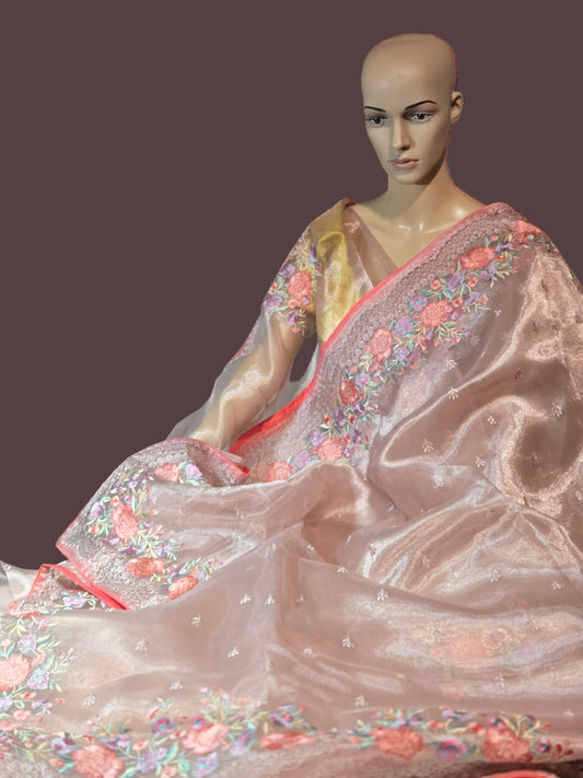 Exclusive Embroidered Pure Glass Organza Saree buy from USA with Threadwork Border & Matching Blouse – Lightweight & Elegant