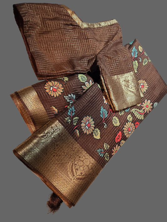 Semi Tussar Silk Saree, Kalamkari Prints Coffee Brown Partywear, Buy from USA