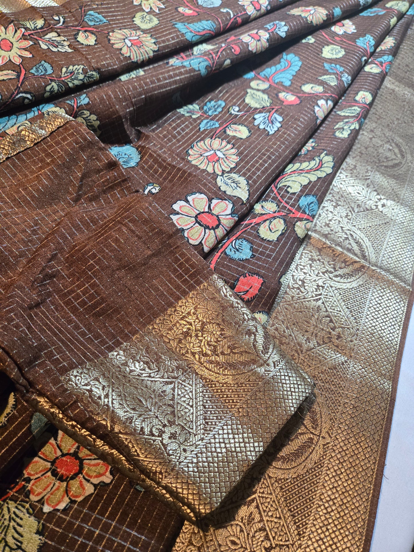 Kalamkari Prints Semi Silk Saree Coffee Brown Partywear, Buy from USA