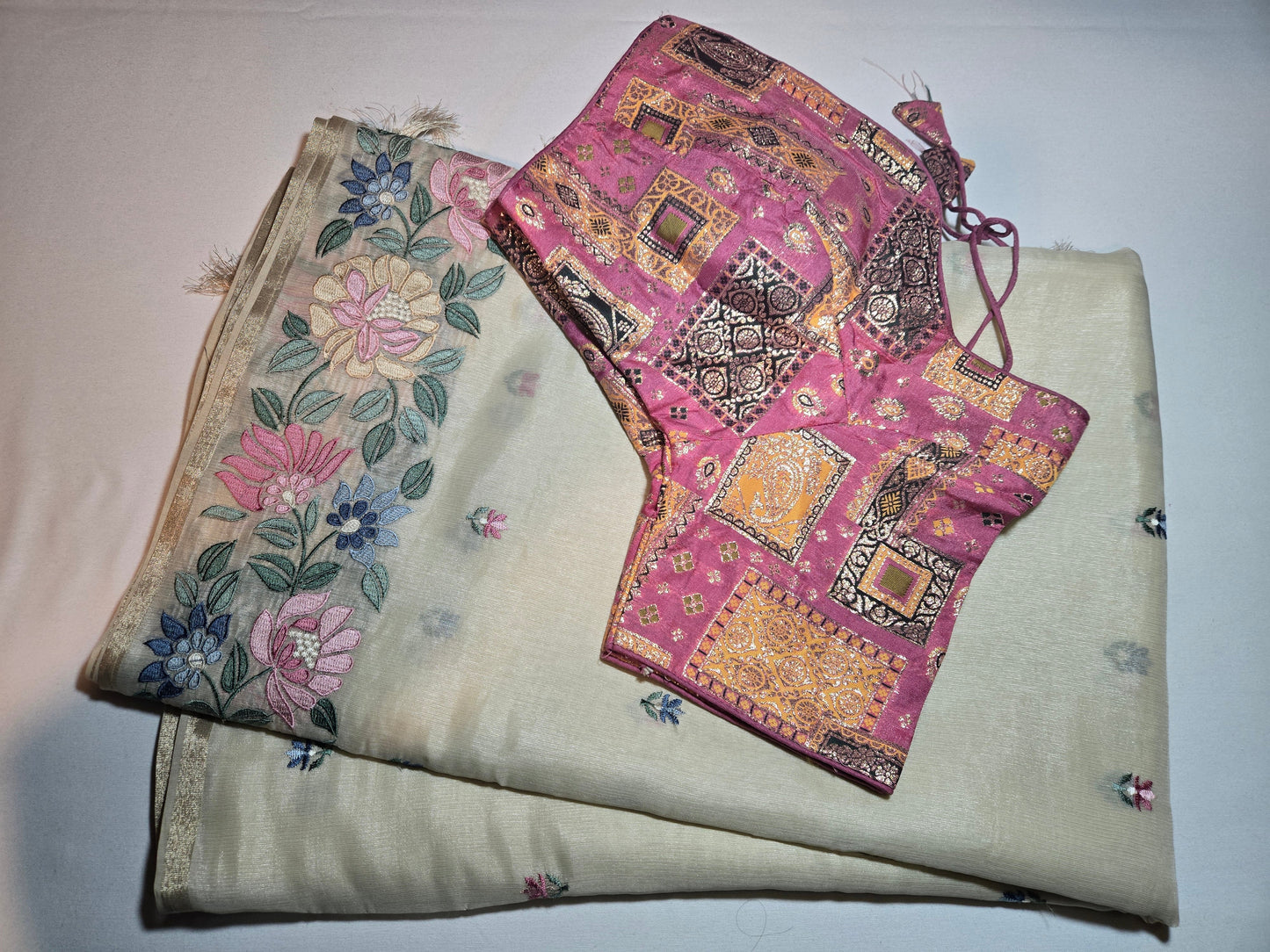 Chanderi Organza Floral Embroidery Silk Saree with Multicolor Stitched Blouse– Lightweight Festive Wear from USA