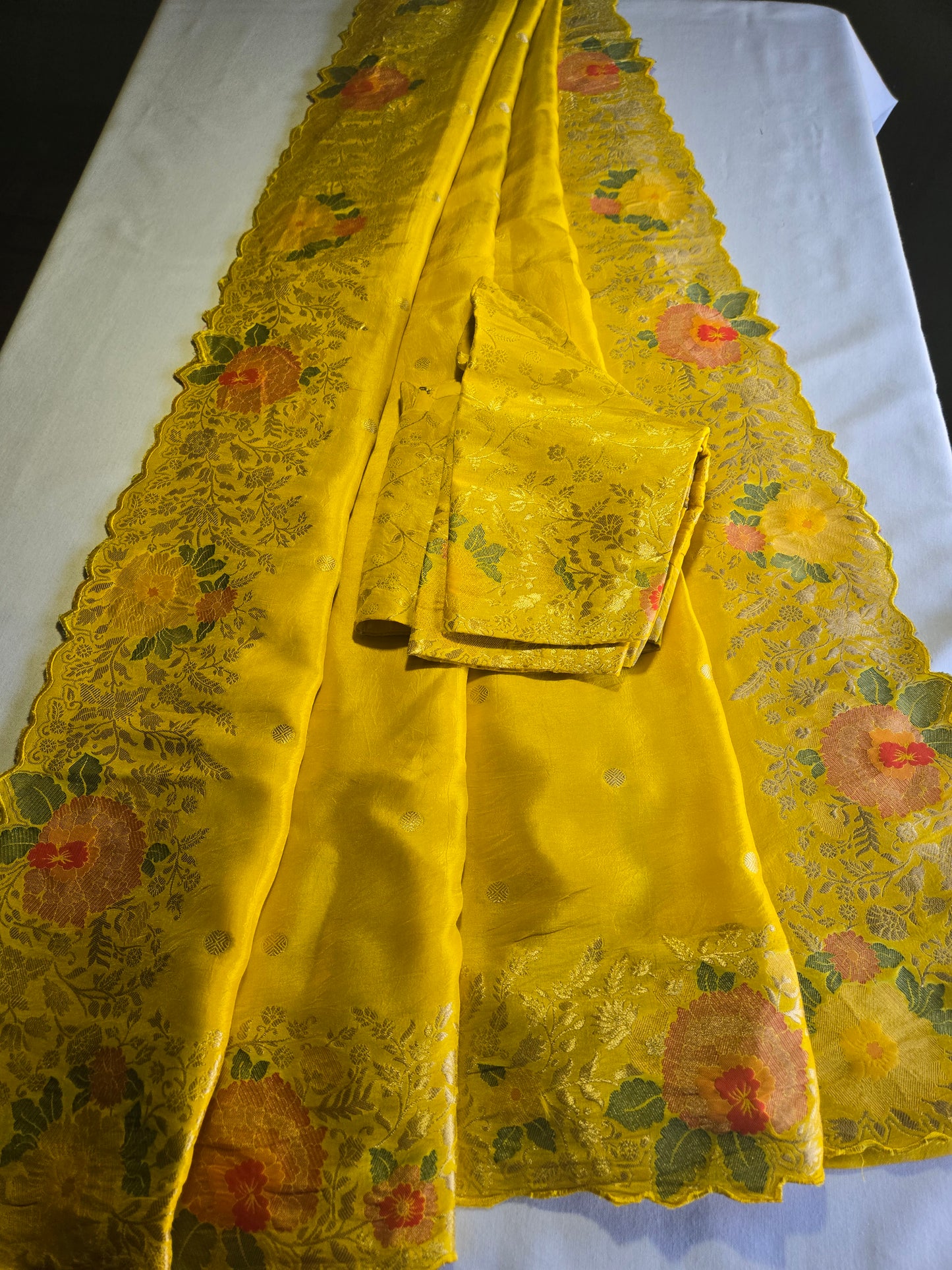 Pure Crape Silk Saree with Stitched Blouse Zari Weaving Beautiful Work Border Yellow