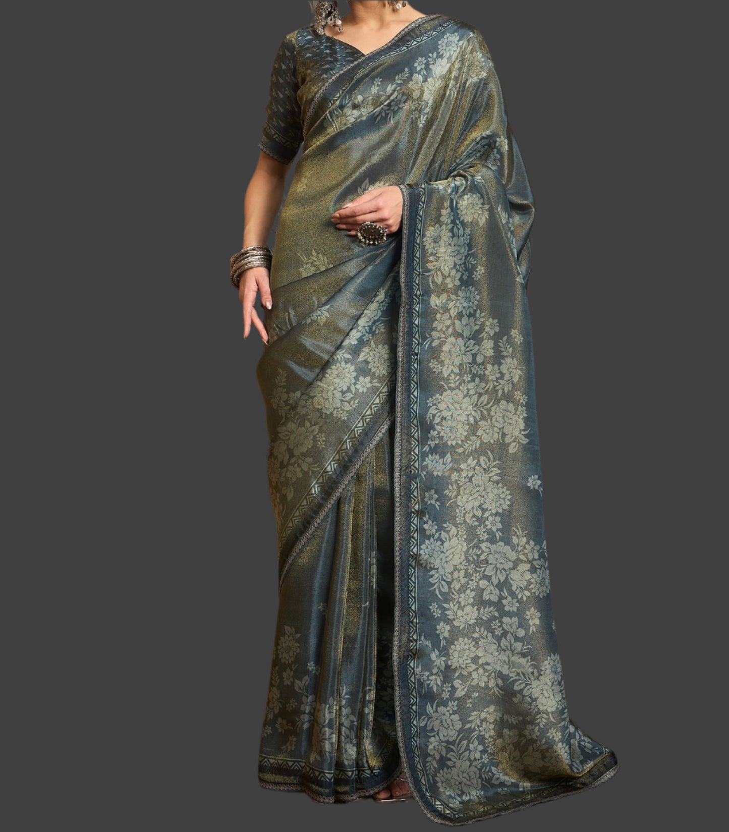 Tissue Saree Viscose Print Grey