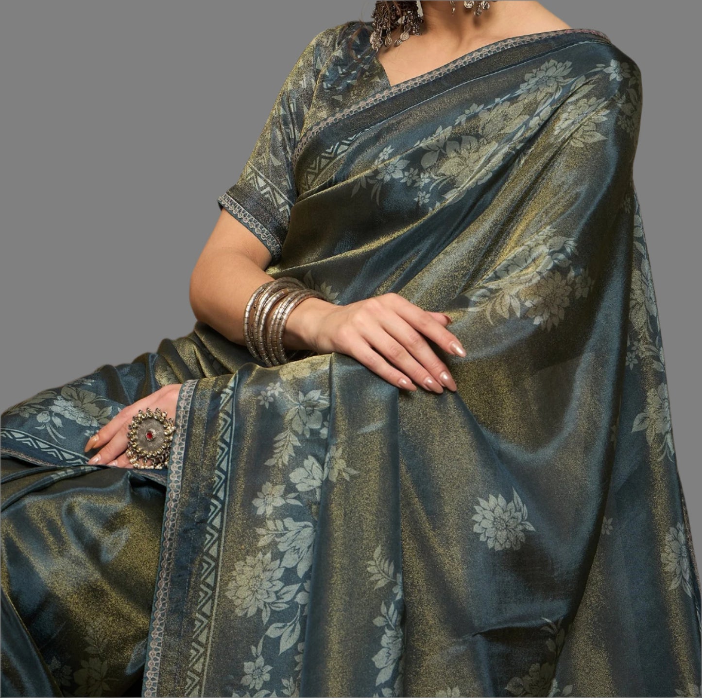 Tissue Saree Viscose Print Grey