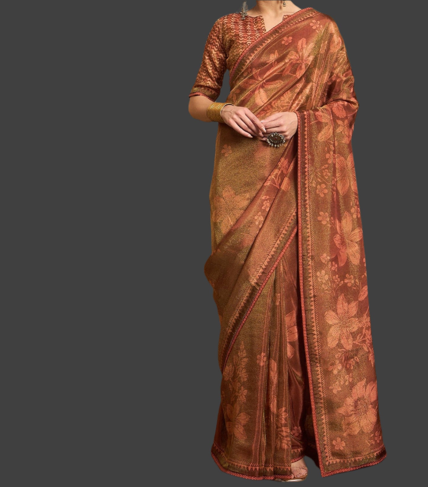 Tissue Saree Viscose Print Gold Color