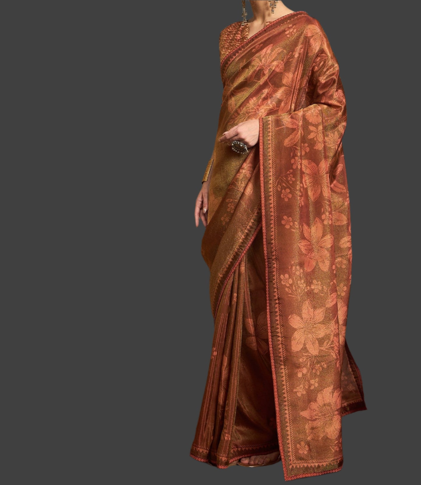 Tissue Saree Viscose Print Gold Color