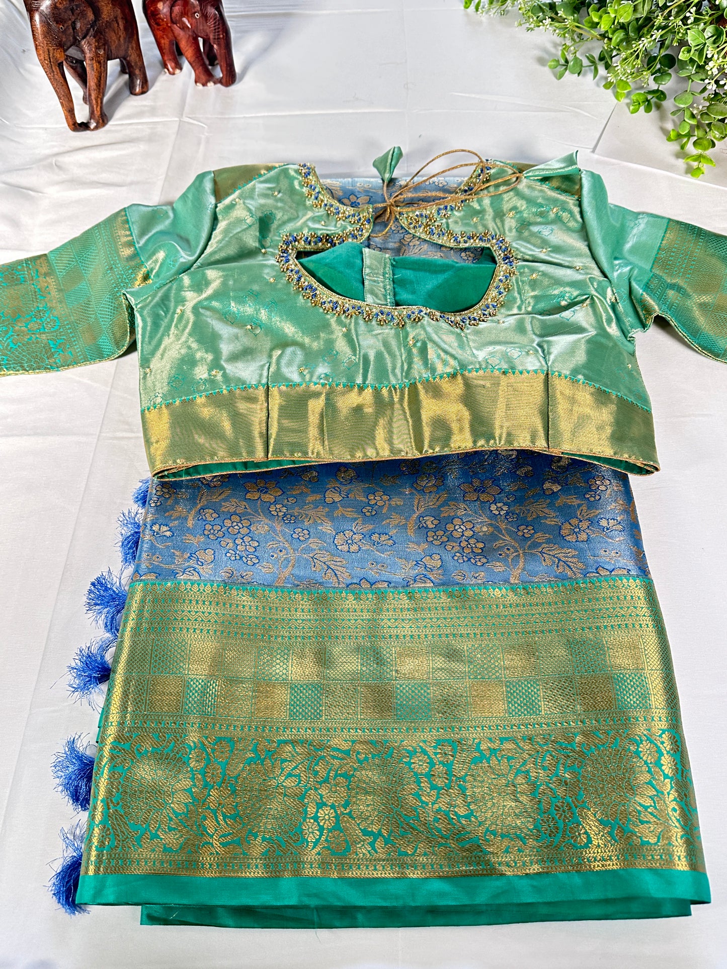 Kanjeevaram Semi Silk Saree with stitched maggam work blouse Blue