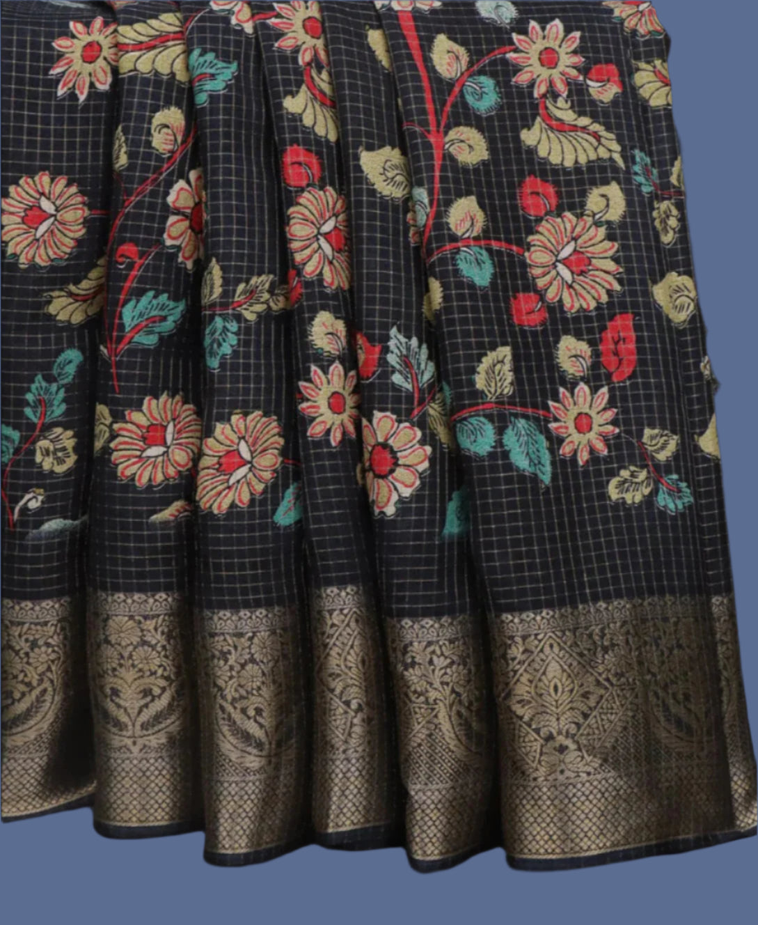 Semi Tussar Silk Saree with Allover Zari Checked Pattern, Kalamkari Prints & Zari Woven Border – Black