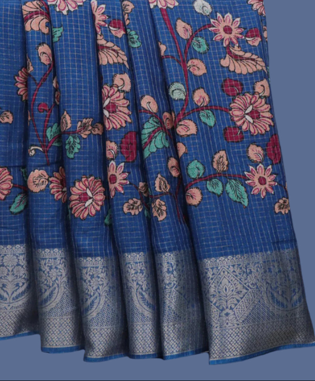Elegant Semi Tussar Silk Saree with Zari Checks, Kalamkari Print & Woven Border – Blue Saree