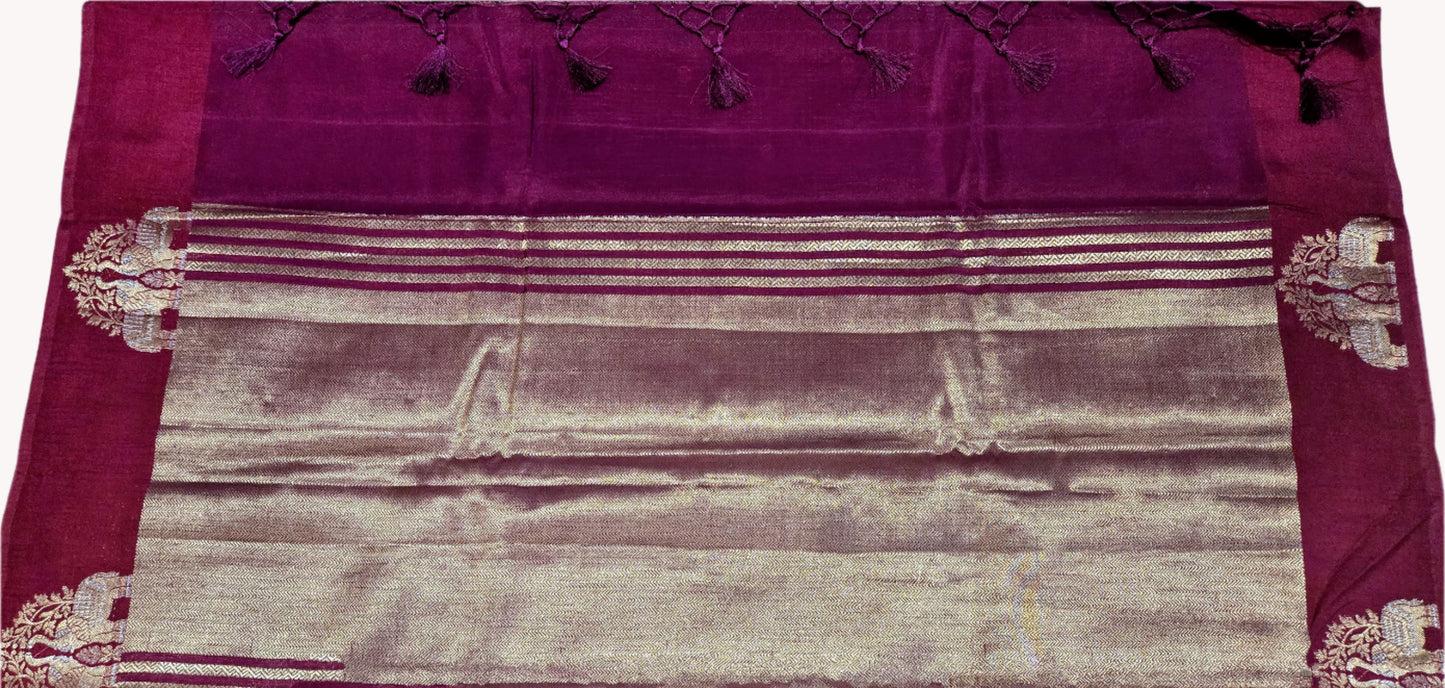 Semi Tussar Soft Silk Saree with Zari-Woven Buttas & Elephant Design Border Purple | Elegant Wedding & Festive Saree – Fast Shipping from USA