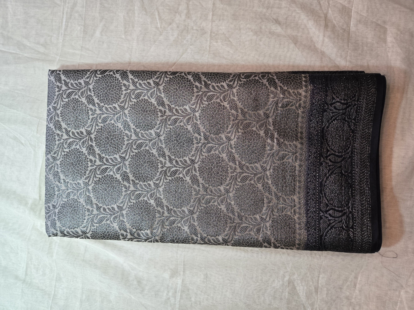 Dark Navy Blue and Light Grey Soft Georgette Banarasi Silk Saree