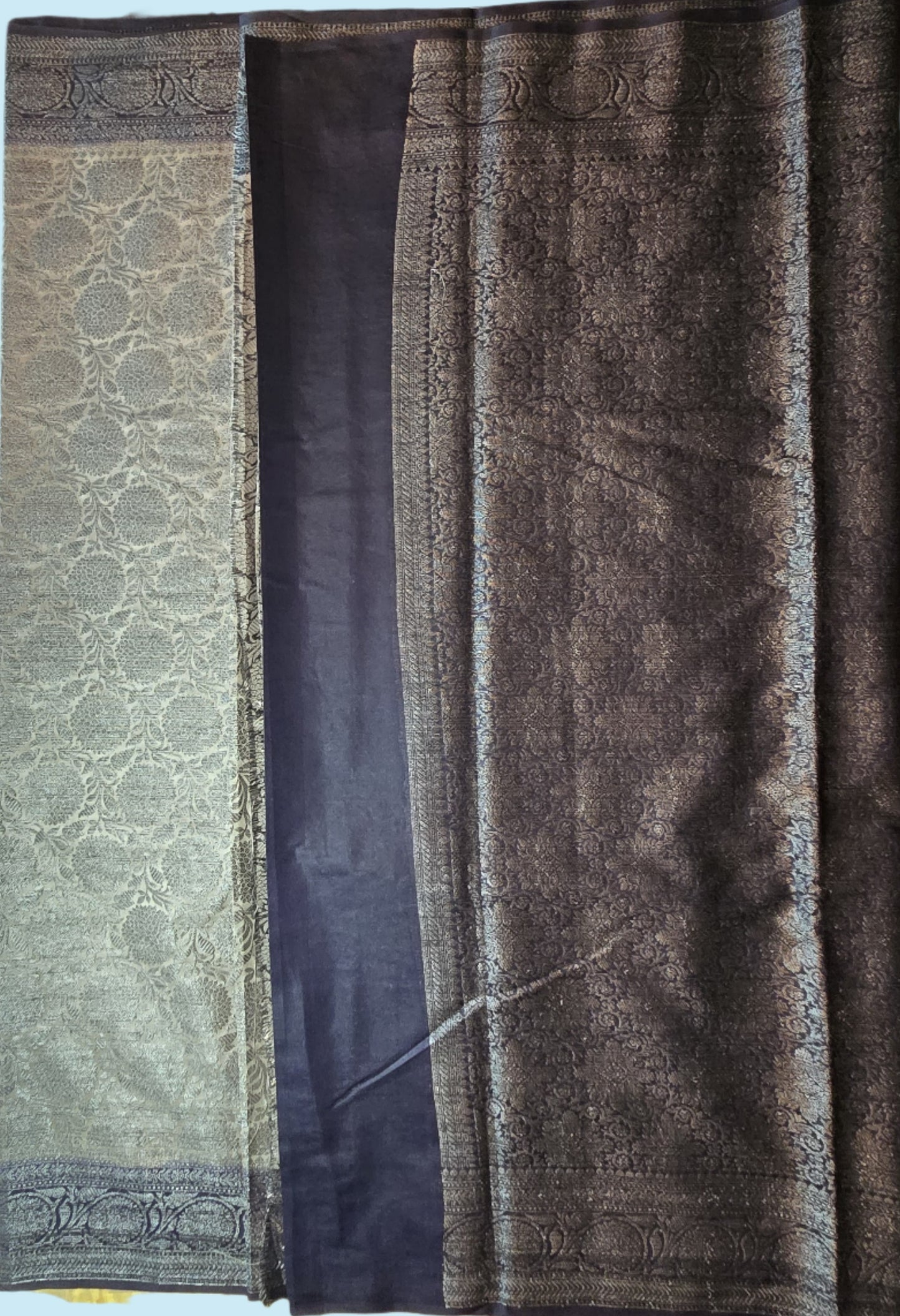 Dark Navy Blue and Light Grey Soft Georgette Banarasi Silk Saree