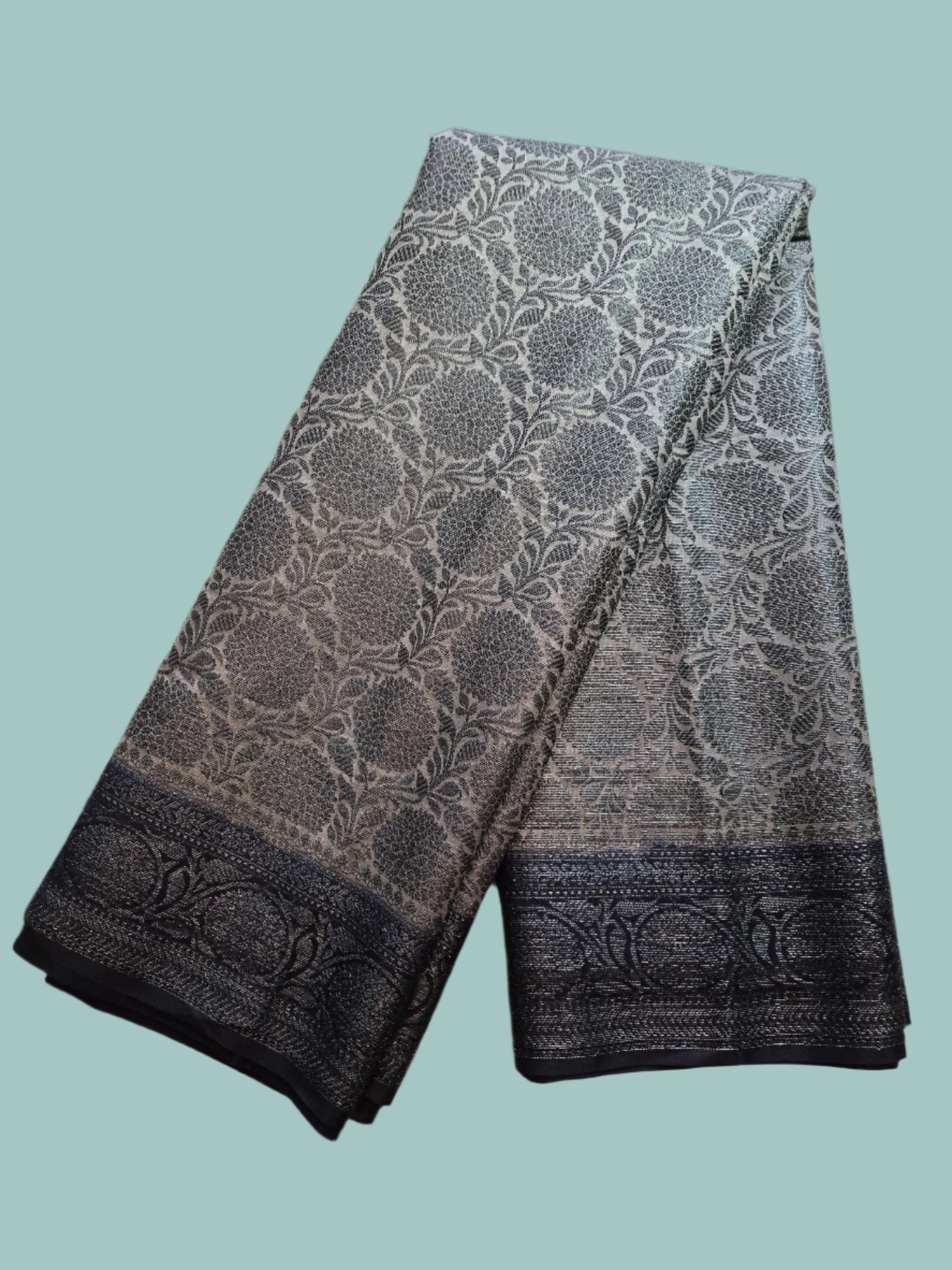 Dark Navy Blue and Light Grey Soft Georgette Banarasi Silk Saree