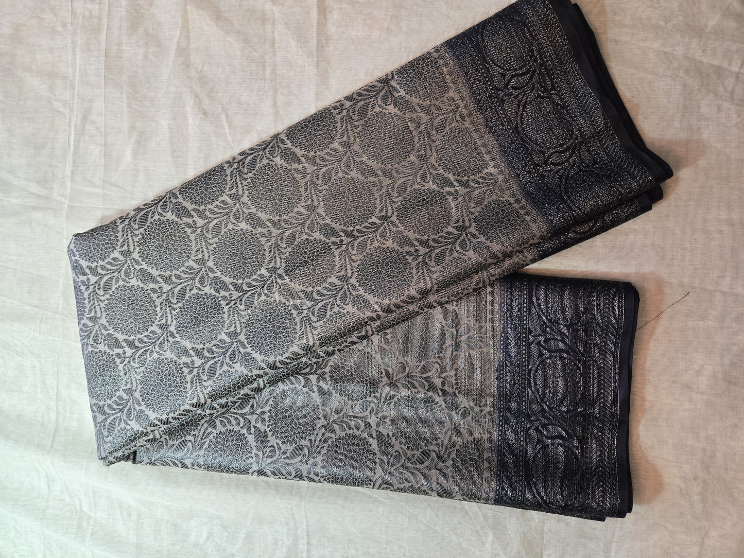 Dark Navy Blue and Light Grey Soft Georgette Banarasi Silk Saree