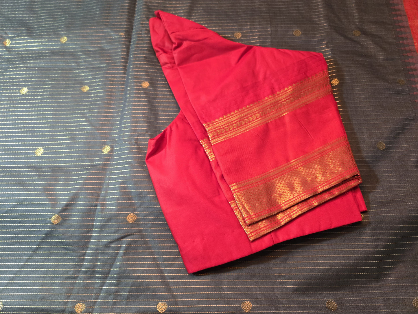 Lightweight Soft Silk Saree in Drak Grey with Red Paithani Border – Stitched with Blouse Included
