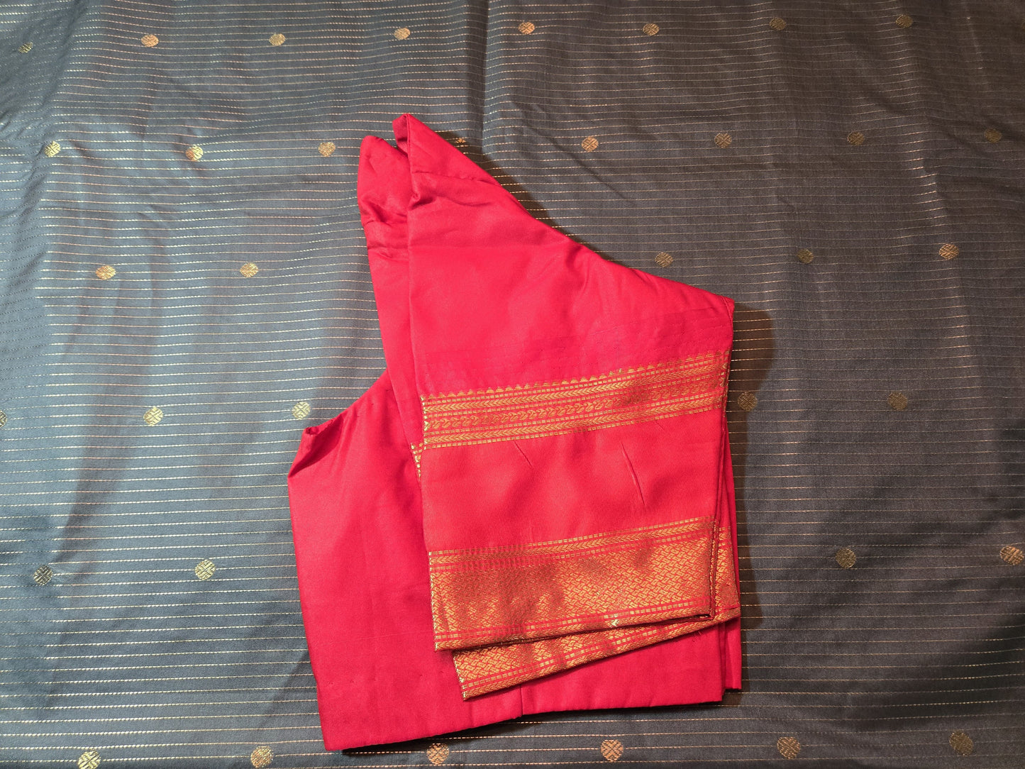 Lightweight Soft Silk Saree in Drak Grey with Red Paithani Border – Stitched with Blouse Included