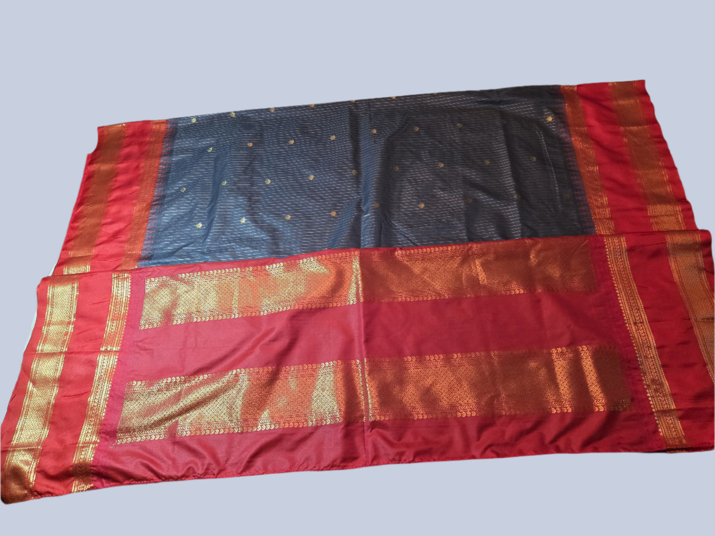Lightweight Soft Silk Saree in Drak Grey with Red Paithani Border – Stitched with Blouse Included