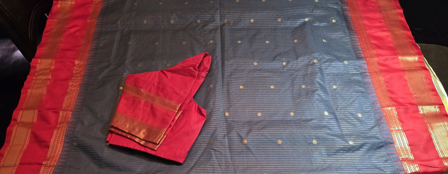 Lightweight Soft Silk Saree in Drak Grey with Red Paithani Border – Stitched with Blouse Included