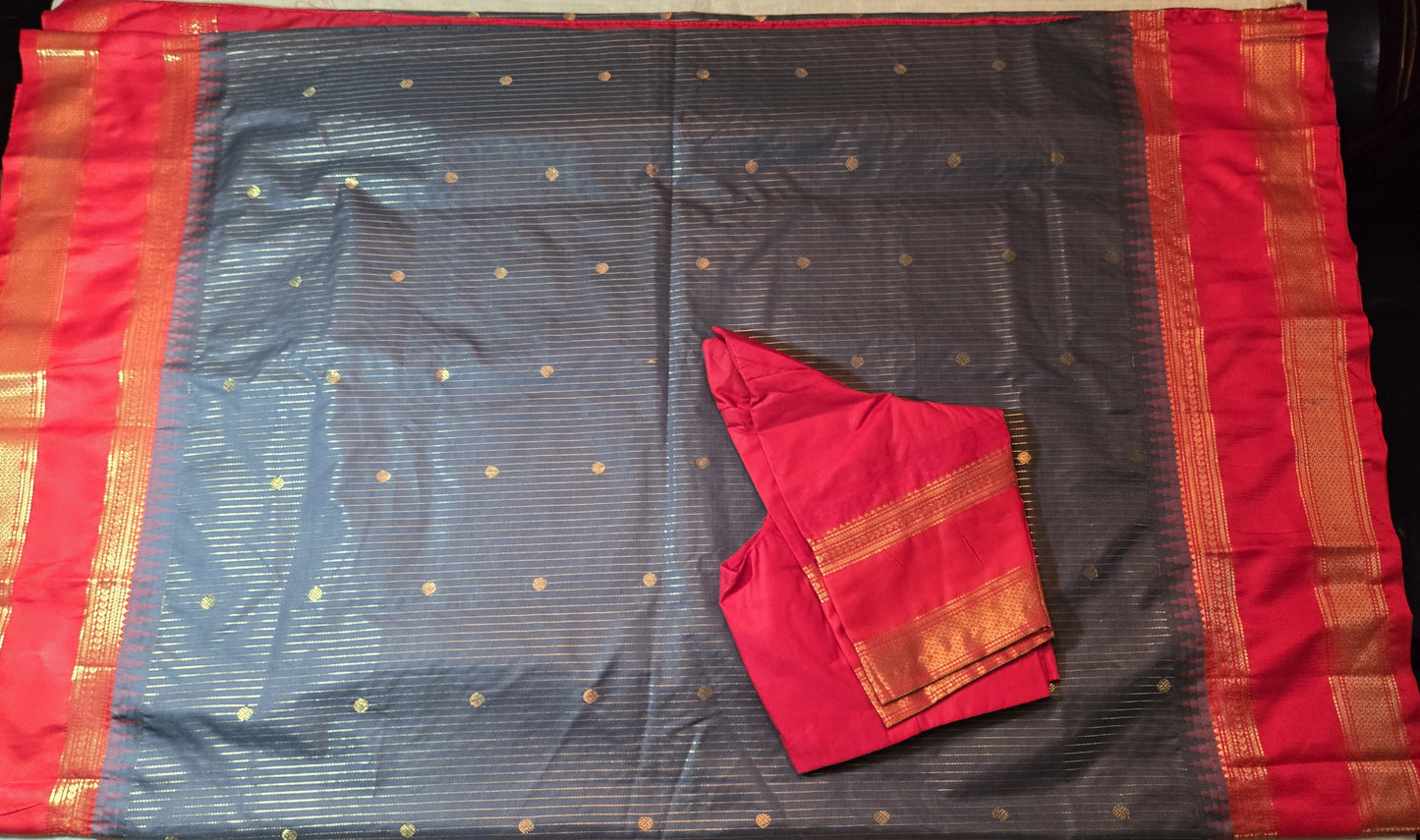 Lightweight Soft Silk Saree in Drak Grey with Red Paithani Border – Stitched with Blouse Included