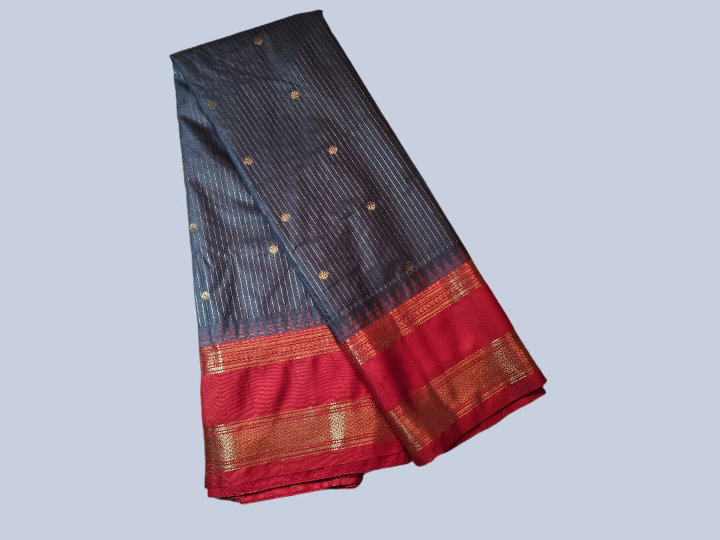Lightweight Soft Silk Saree in Drak Grey with Red Paithani Border – Stitched with Blouse Included