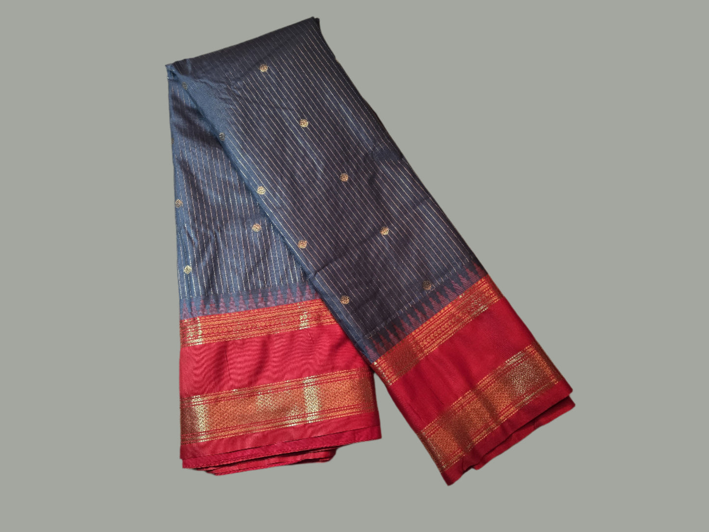Lightweight Soft Silk Saree in Drak Grey with Red Paithani Border – Stitched with Blouse Included