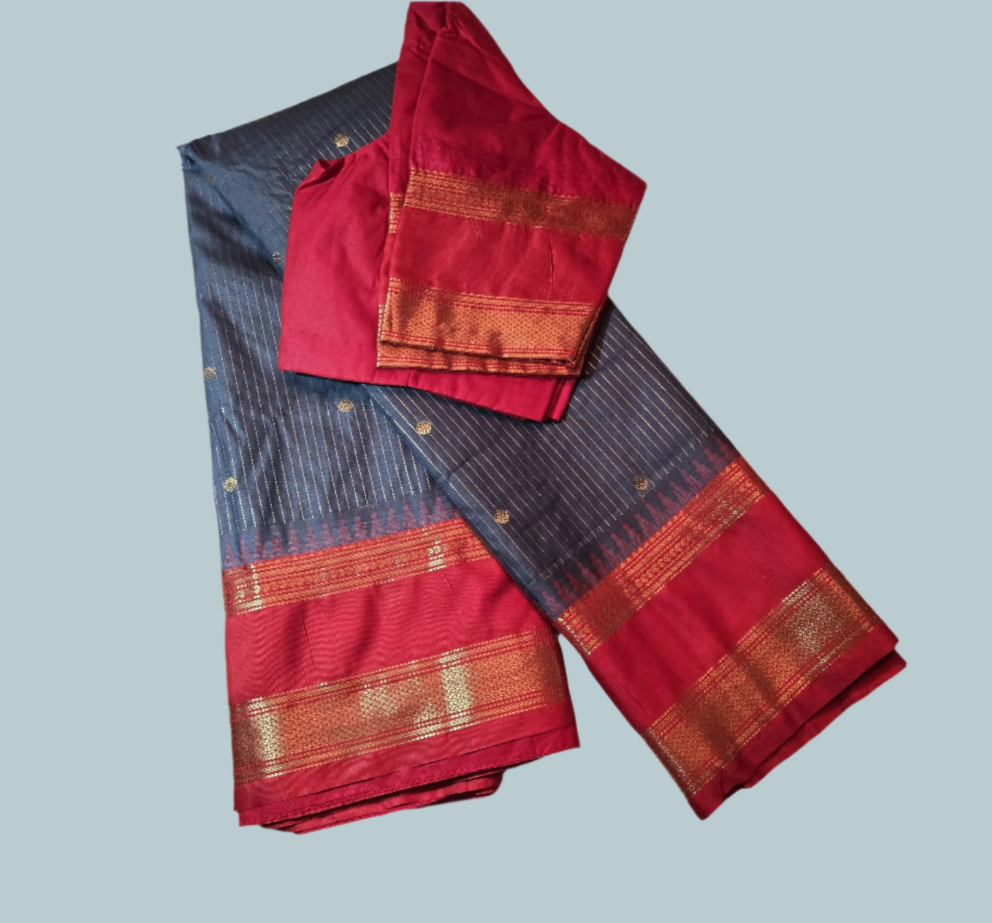 Lightweight Soft Silk Saree in Drak Grey with Red Paithani Border – Stitched with Blouse Included