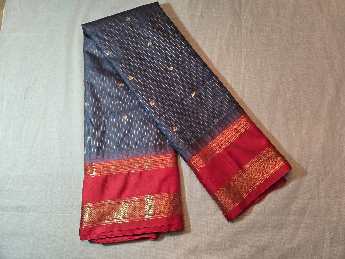 Lightweight Soft Silk Saree in Drak Grey with Red Paithani Border – Stitched with Blouse Included