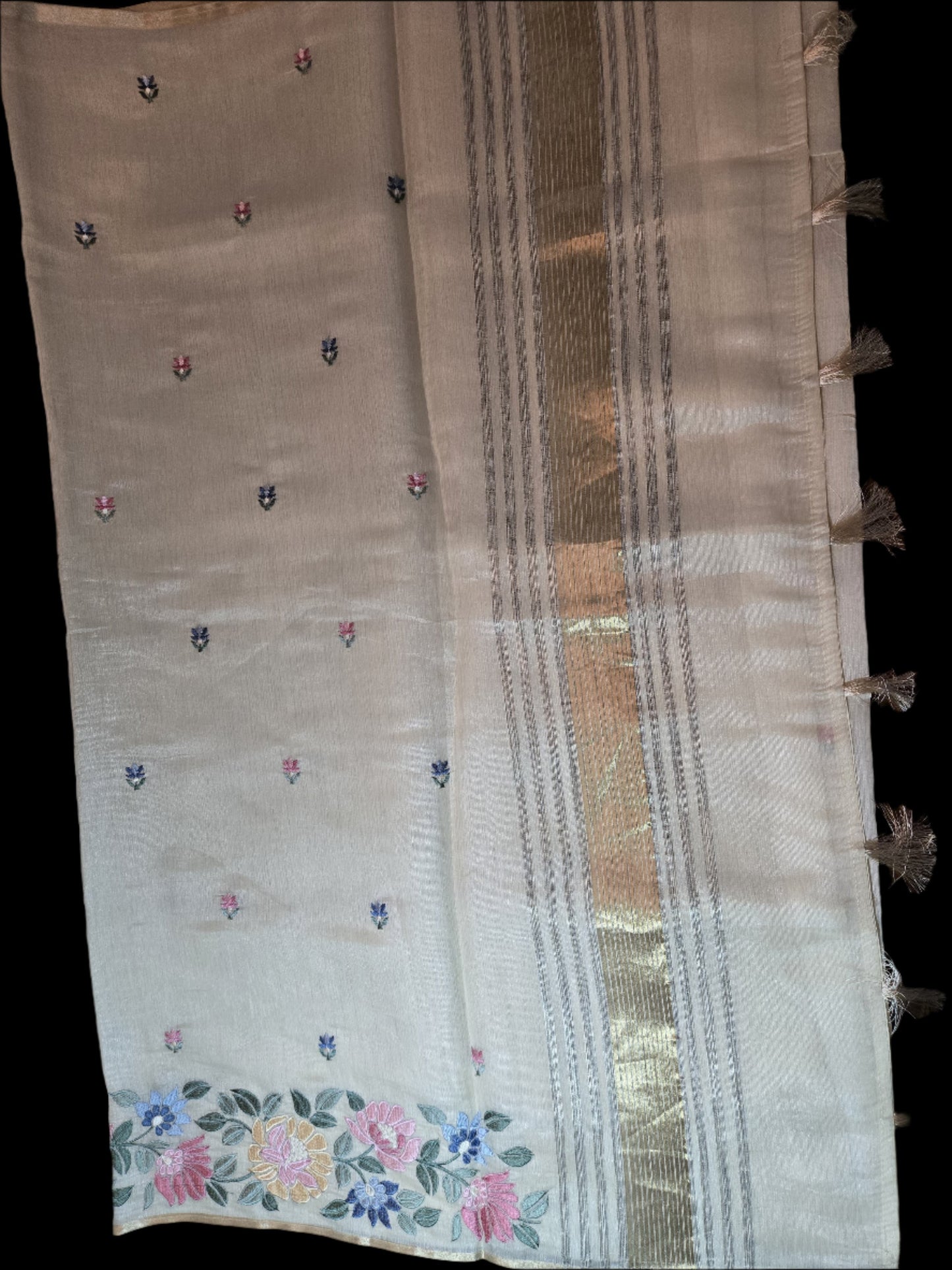 Ivory Chappa Silk Saree with Multicolor Floral Embroidery – Lightweight Festive Wear| Onam Saree USA