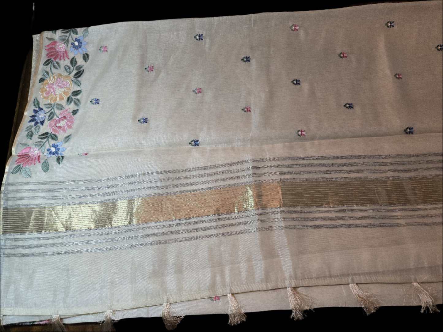 Ivory Chappa Silk Saree with Multicolor Floral Embroidery – Lightweight Festive Wear| Onam Saree USA