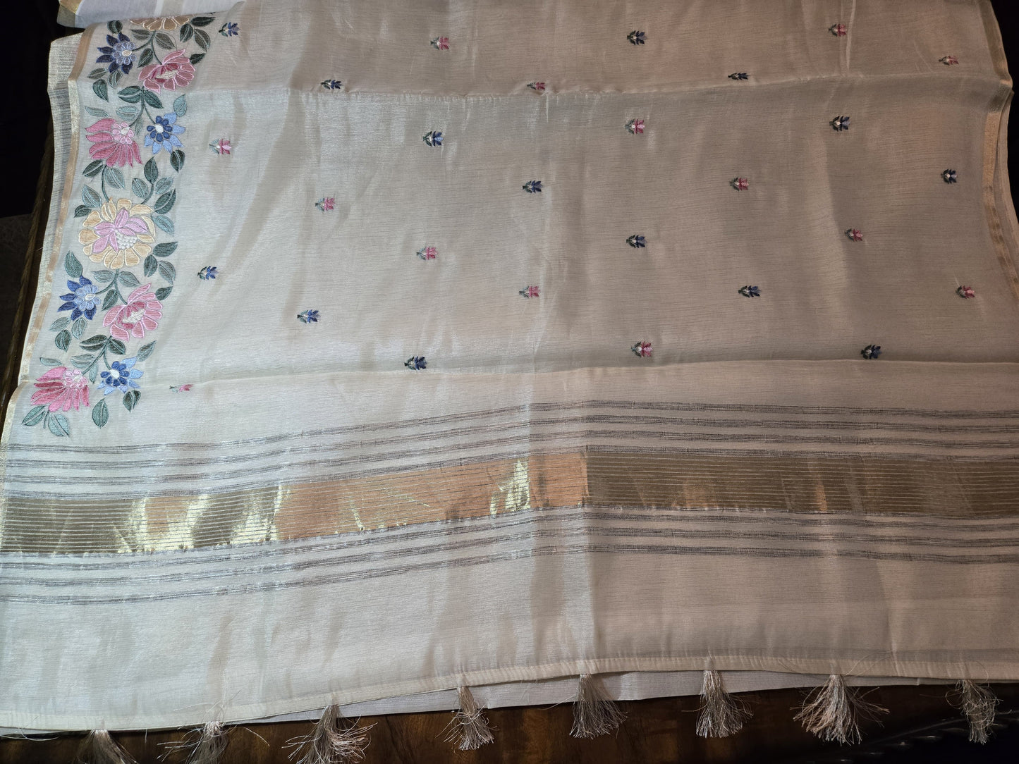 Ivory Chappa Silk Saree with Multicolor Floral Embroidery – Lightweight Festive Wear| Onam Saree USA