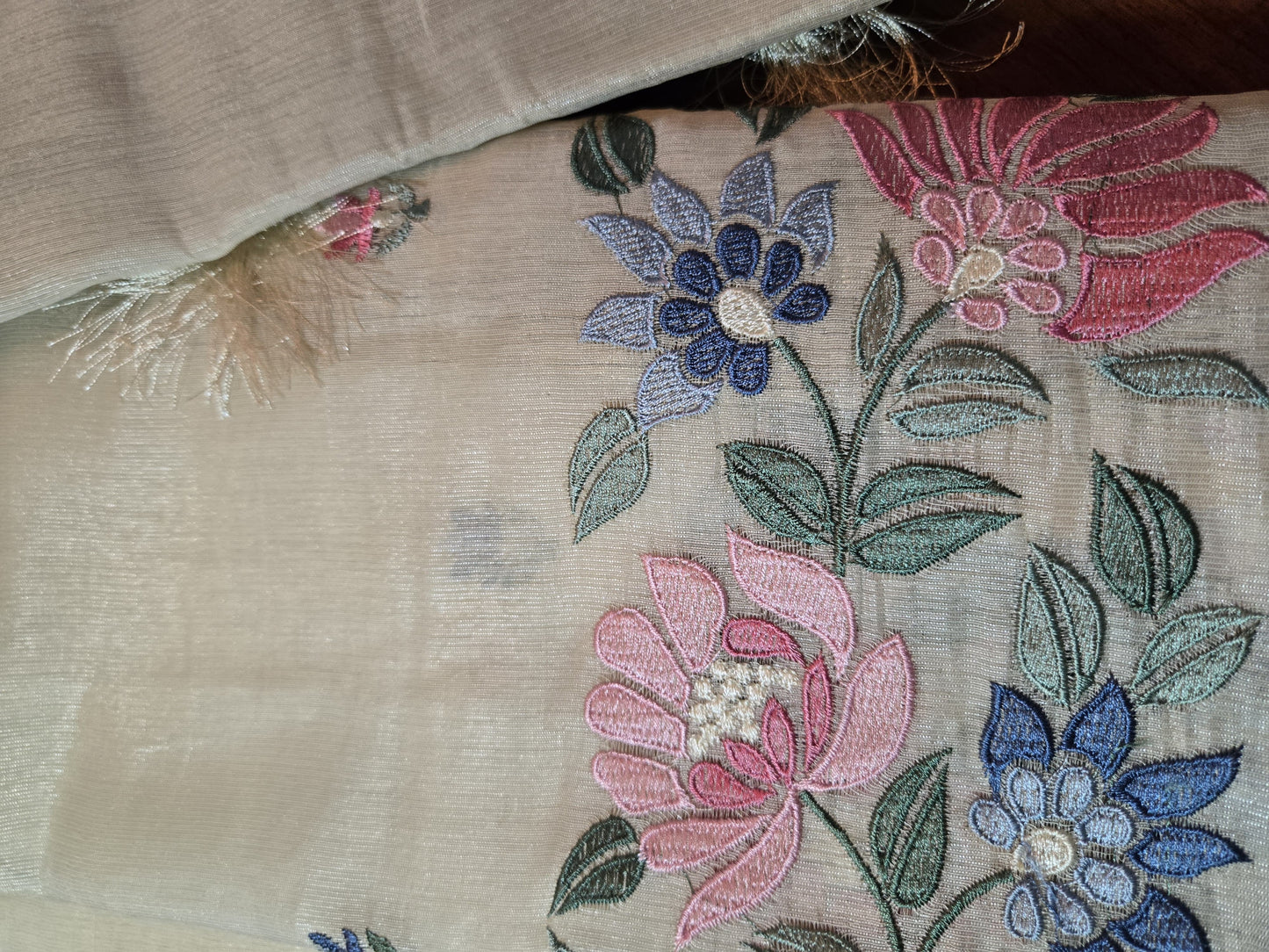 Ivory Chappa Silk Saree with Multicolor Floral Embroidery – Lightweight Festive Wear| Onam Saree USA