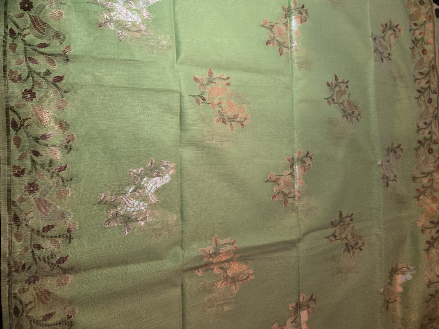 Handloom Khadi Cotton Silk Jamdani Saree – Lightweight & Elegant Traditional Weave Embroidery-Parrot Green-