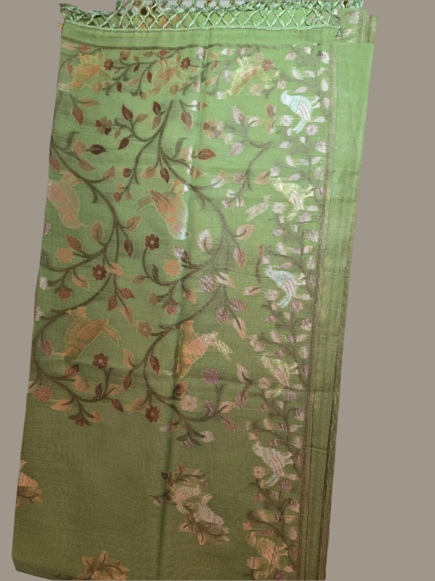 Handloom Khadi Cotton Silk Jamdani Saree – Lightweight & Elegant Traditional Weave Embroidery-Parrot Green-
