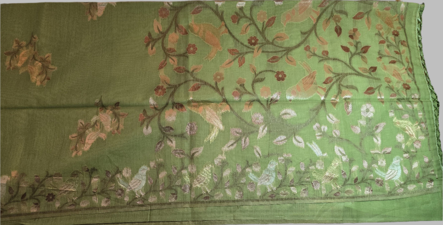 Handloom Khadi Cotton Silk Jamdani Saree – Lightweight & Elegant Traditional Weave Embroidery-Parrot Green-